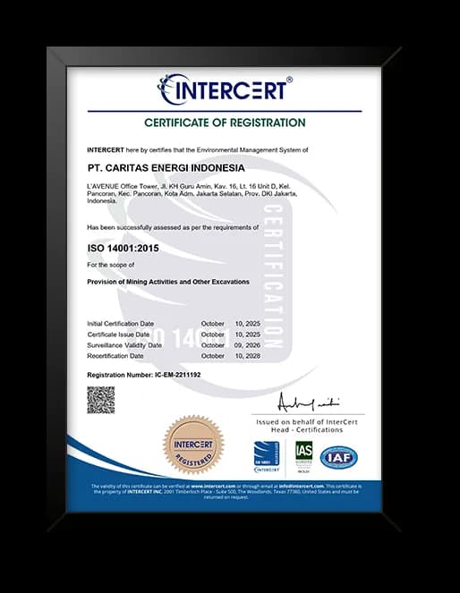 Sertifikat ISO 14001:2015 Sistem Manajemen Lingkungan PT Caritas Energi Indonesia dari InterCert